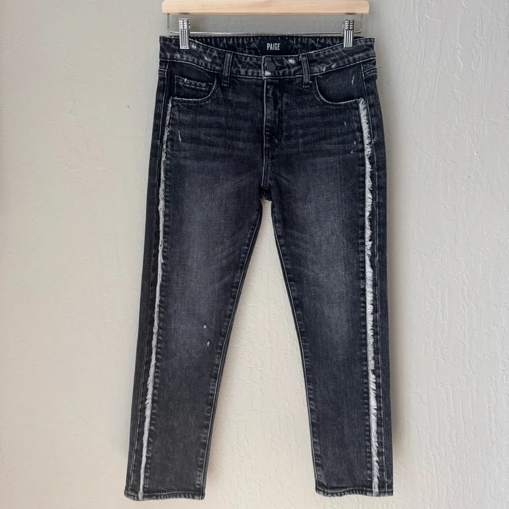 PAIGE Brigitte Fringe Trimmed Mid-Rise Slim Jeans Black Size 27 - Picture 6 of 16